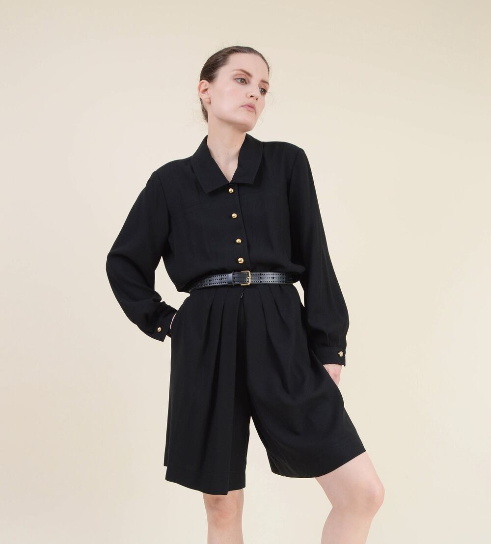 Vintage 90s Black Romper Minimalist One Piece Playsuit Shorts Jumper L